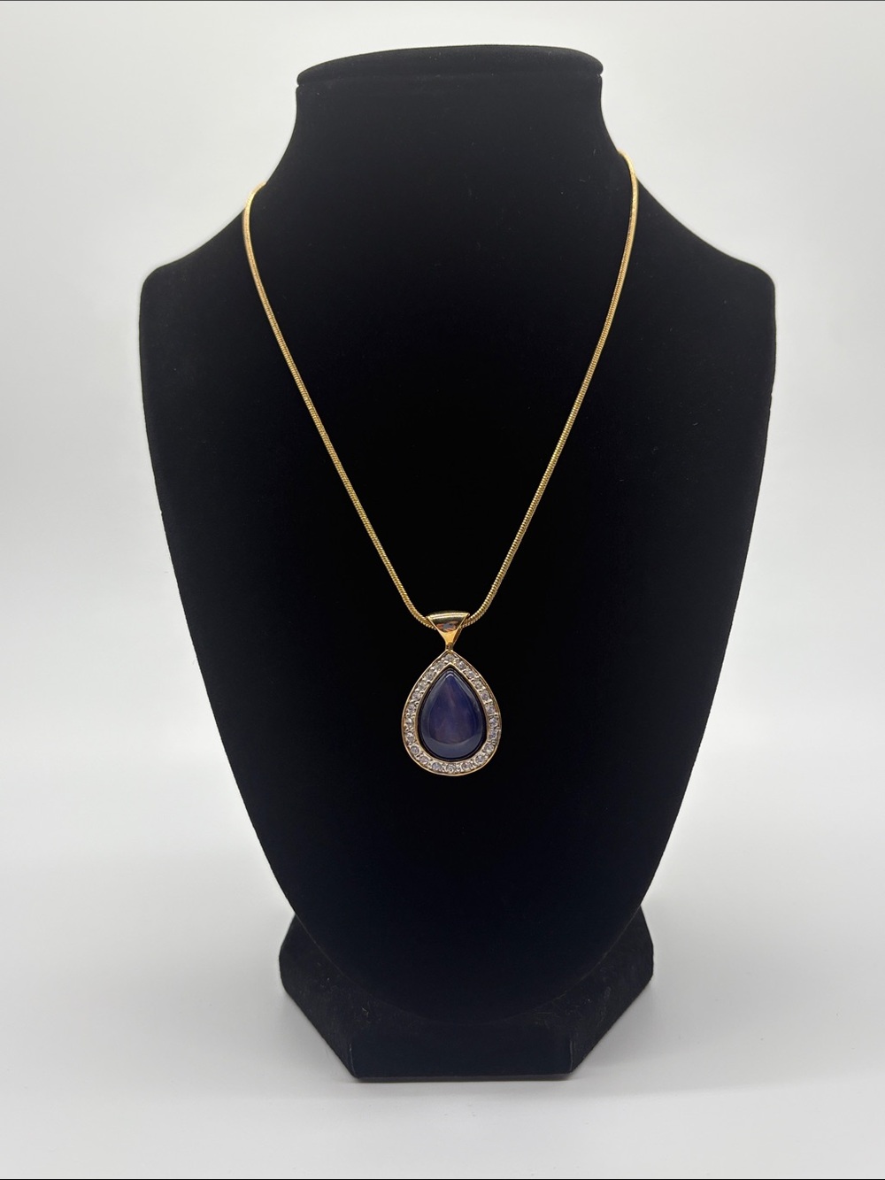 Gold Blue Teardrop Pendant Necklace Clear Crystal Halo Statement Jewelry